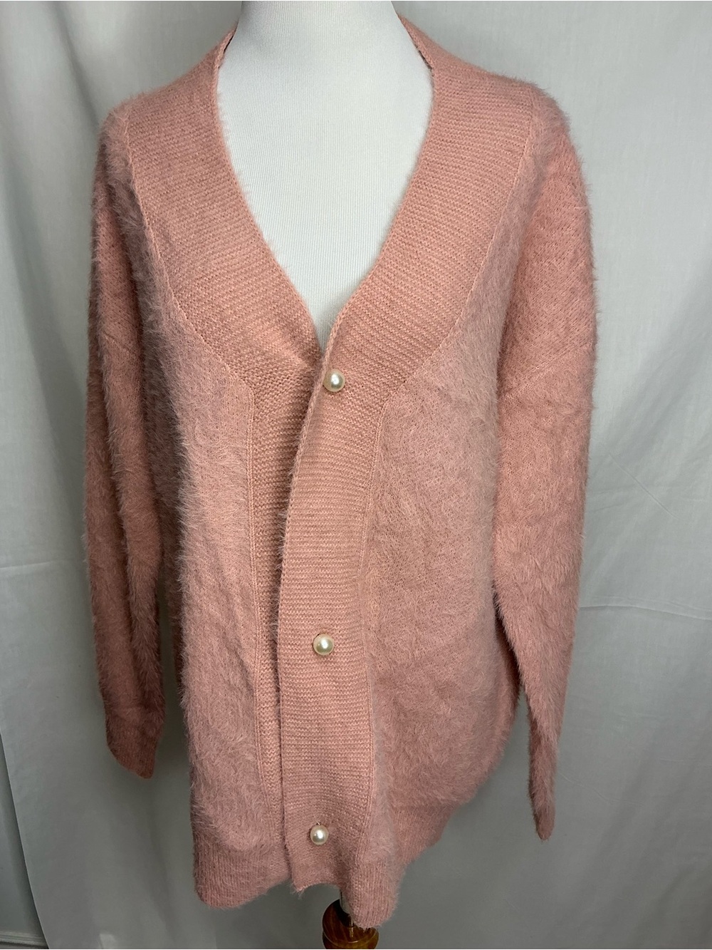2195 - Soft Pink Fuzzy V-Neck Button Cardigan Sweater